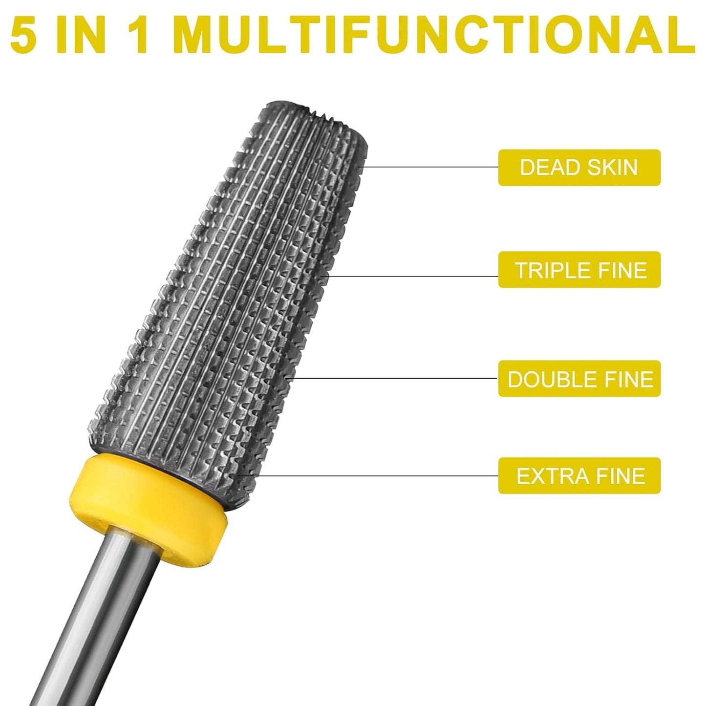 Carbide 5 in 1 Nail Drill Bit Multi-function Bits Two Way Rotate use for Both Left and Right Handed Fast remove Acrylic or Hard Gel Manicure Nail Art Drill Machine (Extra Fine - XF, Silver)