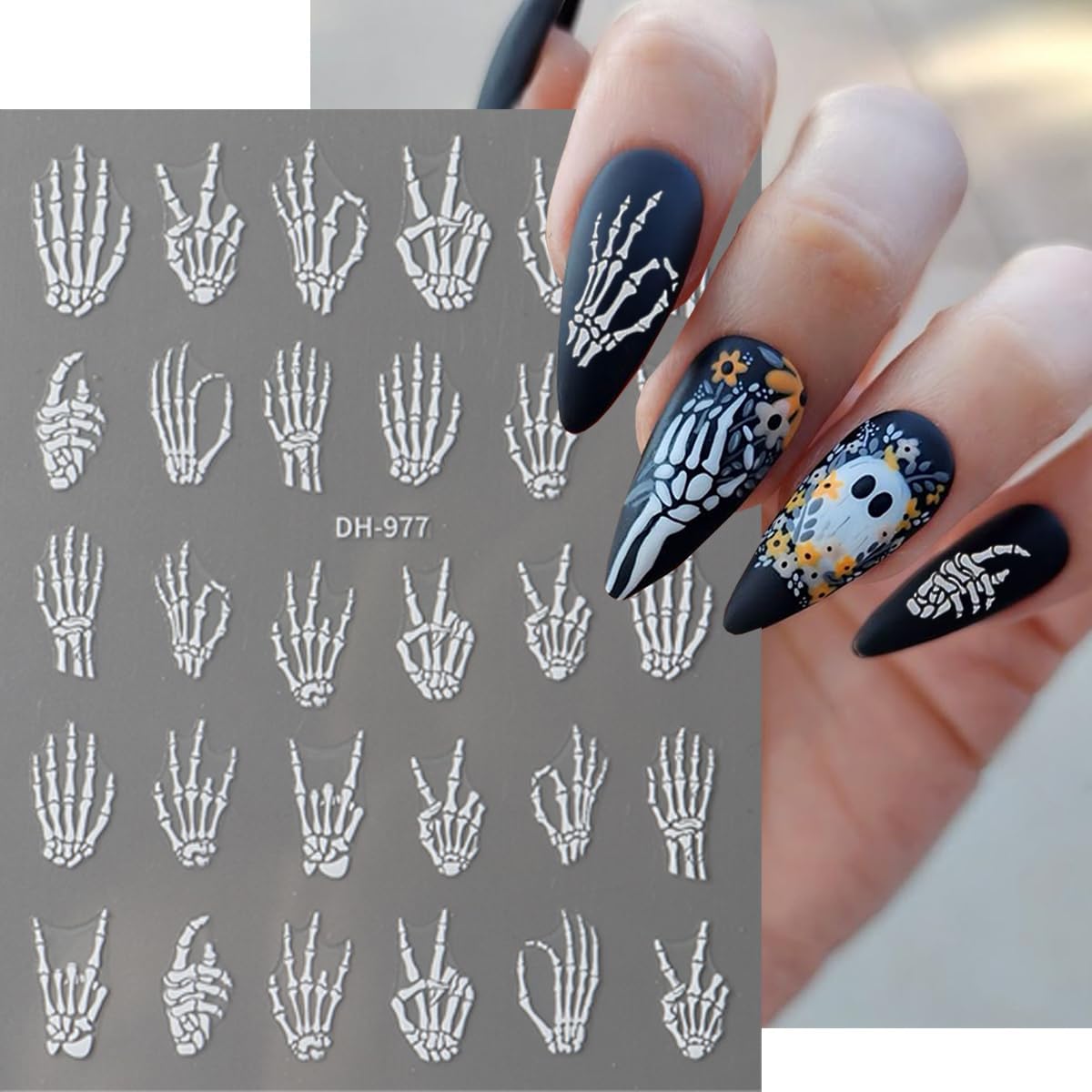 Halloween Nail Art Stickers Decals Horror Hand Bones Skeleton Skull Design Nail Stickers 5D Embossed Goth Nail Decals for Women DIY Manicure Halloween Party Nails Decorations 4 Sheets