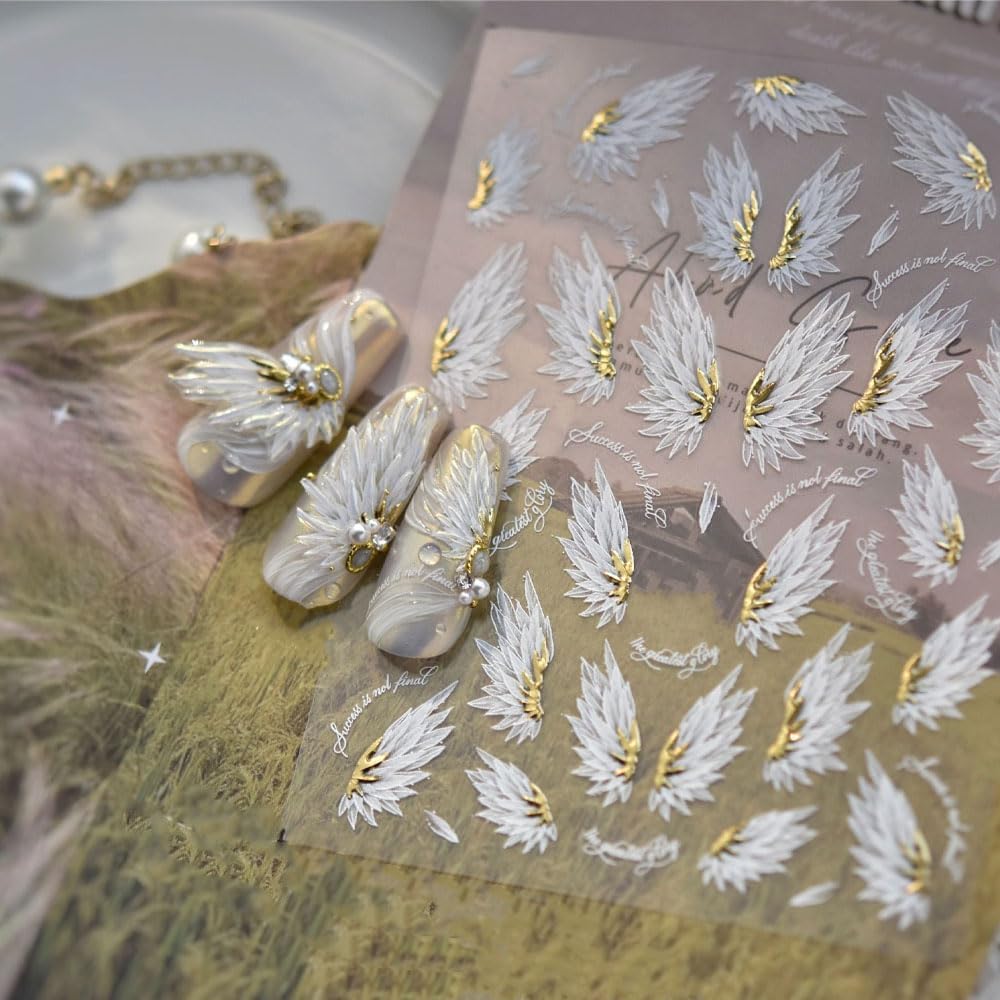 2PCS Angel Wings Nail Art Stickers, White and Gold, 5D Embossed Self-Adhesive Holographic Metal Manicure Decorations for Women