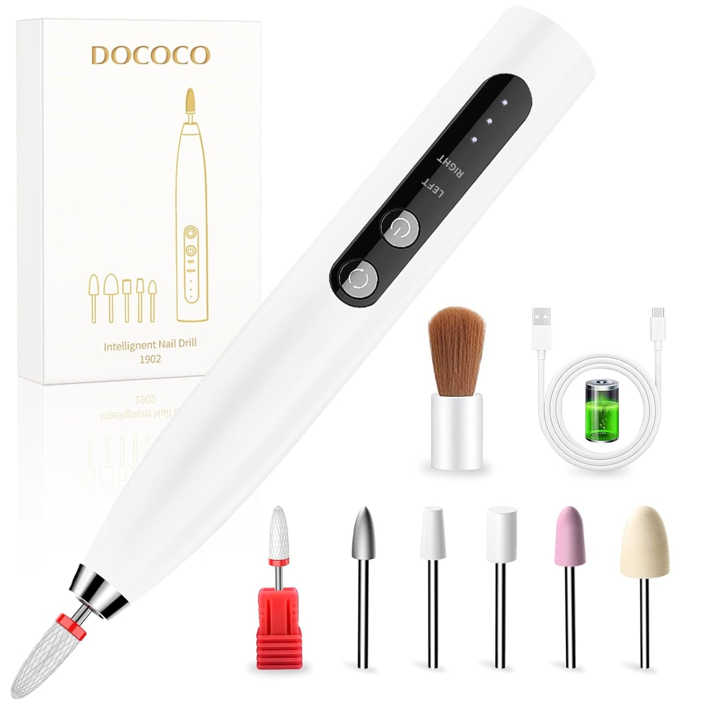 Electric Nail File, DOCOCO Cordless Nail Drill, Portable Efile Nail Set for Acrylic Gel Dip Powder Nails, Rechargeable Nail Machine with Nail Drill Bits for Salon Home