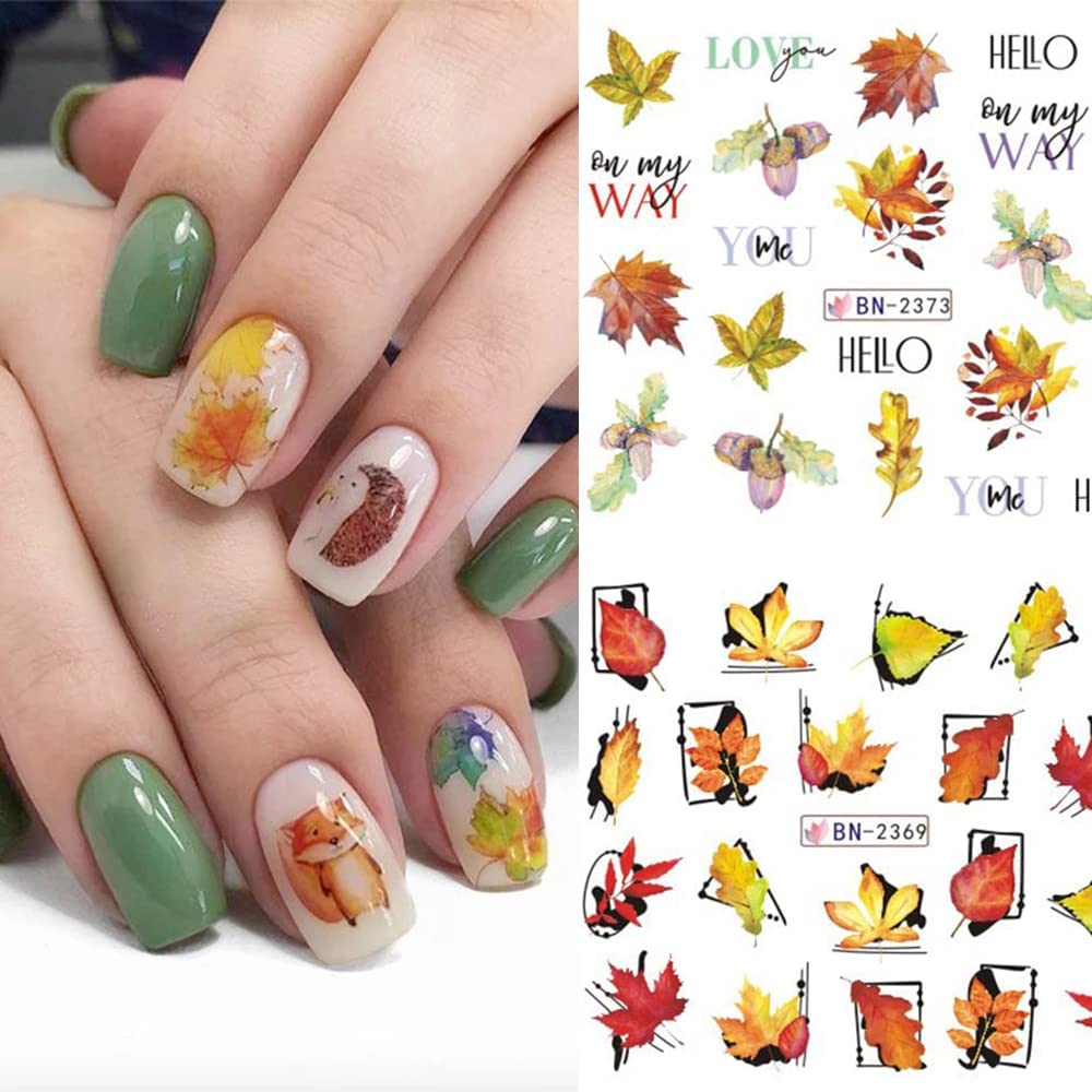 Fall Nail Art Stickers Autumn Nail Water Decals Maple Leaf Pumpkin Small Animals Thanksgiving Nail Stickers Water Transfer Foil Designs Nail Decals for Women Girls DIY Nail Decorations (12 Sheets)
