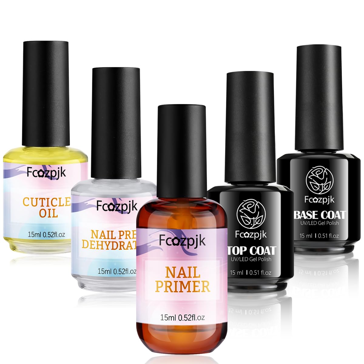 Fcozjpk Nail Dehydrator and Primer with Gel Base & Top Coat Set Cuticle Oil, 5PCS Nail Prep Kit for Acrylic and Gels Nail Polish No Wipe Gel Top Coat Manicure Bonder Liquid Nails Tech Must-have Set
