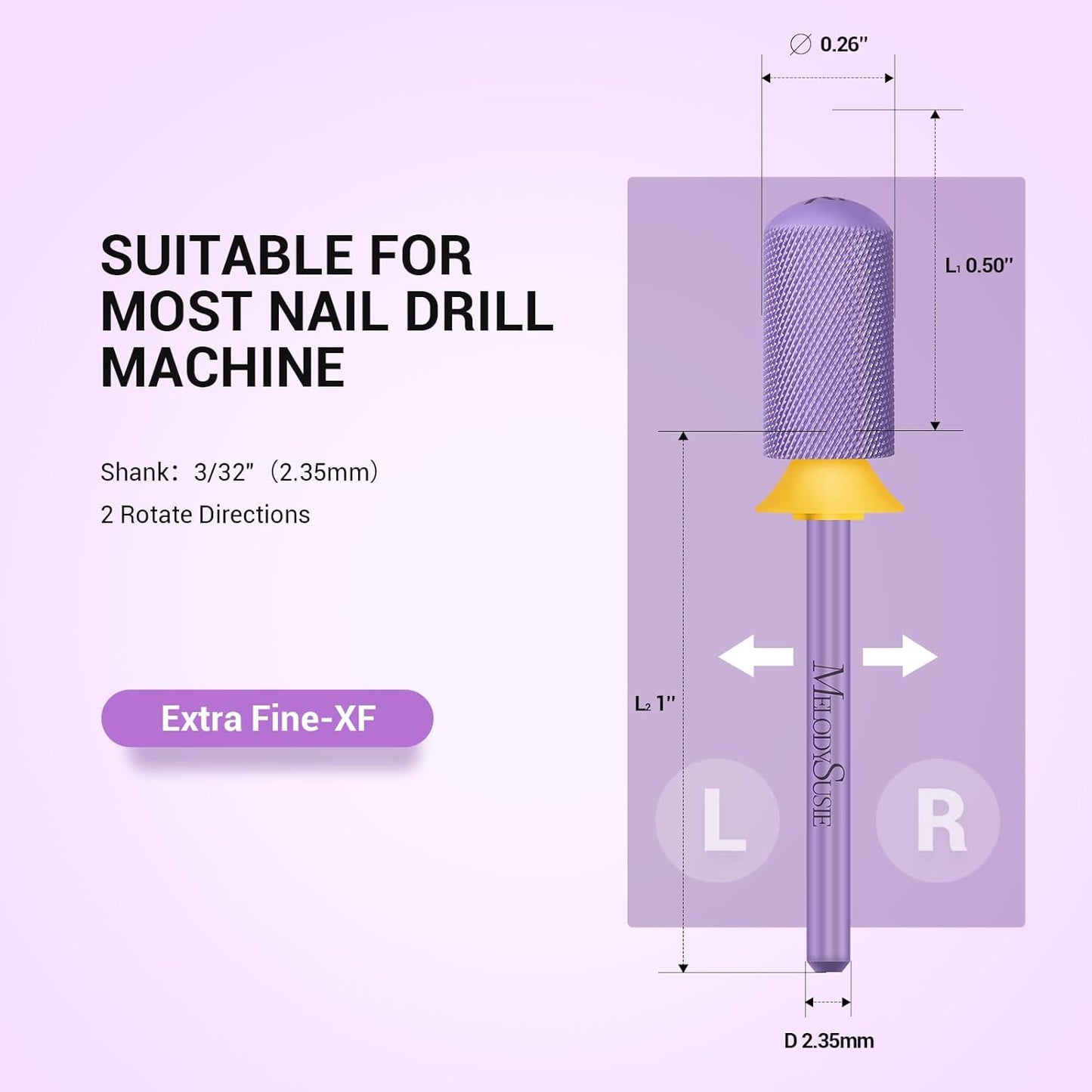 MelodySusie Safety Nail Drill Bits, 3/32'' Smooth Round Top Large Barrel Carbide Bits, Suitable for Manicure Pedicure Cuticle Gel Polishing, Beginners Bits, Purple, Series Bit-S, XF