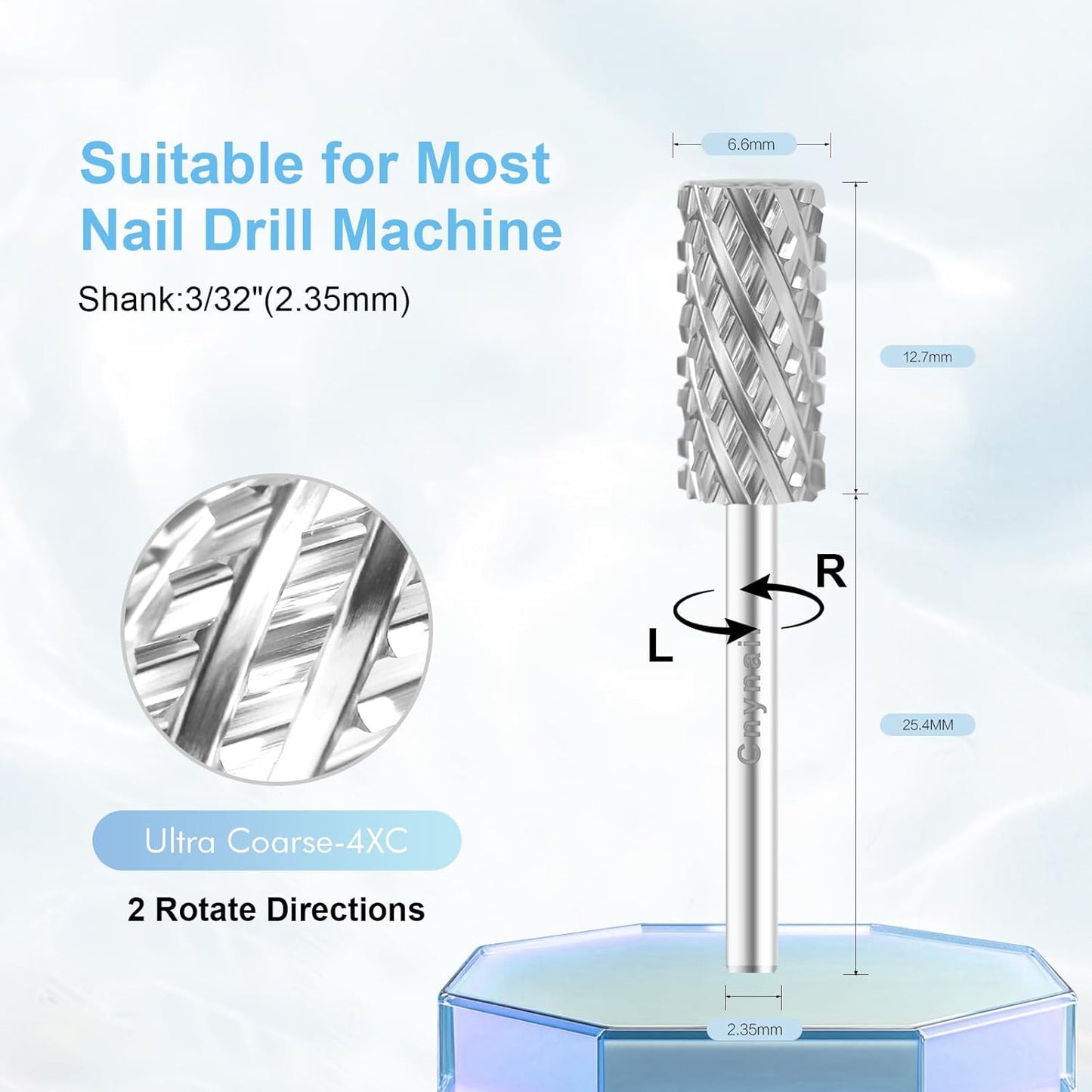 3/32" Large Barrel Bit Tungsten Carbide Nail Drill Bit Safety Bit for Gel & Acrylic Removal, 2- Way Rotating Efile Tip, Salon Electric File Accessory (4XC Girt, Silver)