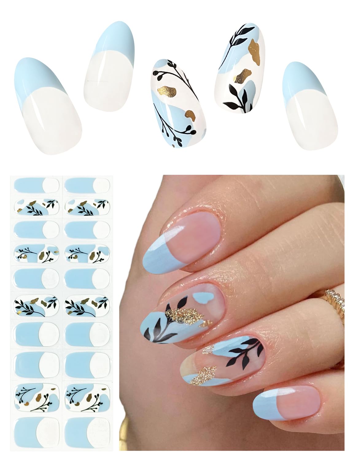 Semi Cured Gel Nail Strips (Blue French), Painted Flowers, 20 Pcs Gel Nail Wraps, Stickers, UV Light Required, Salon Quality, Long Lasting