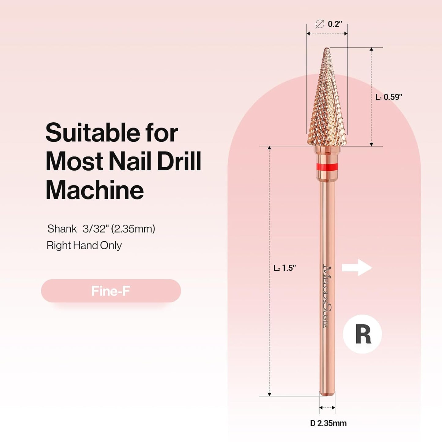 MelodySusie Professional Tapered Nib Nail Drill Bit, 3/32'' Carbide Tungsten Multi-function Bit, Suitable for Manicure Pedicure Cuticle Gel Polishing, Technicians Bit, Rose Gold, Series Bit-M, Fine