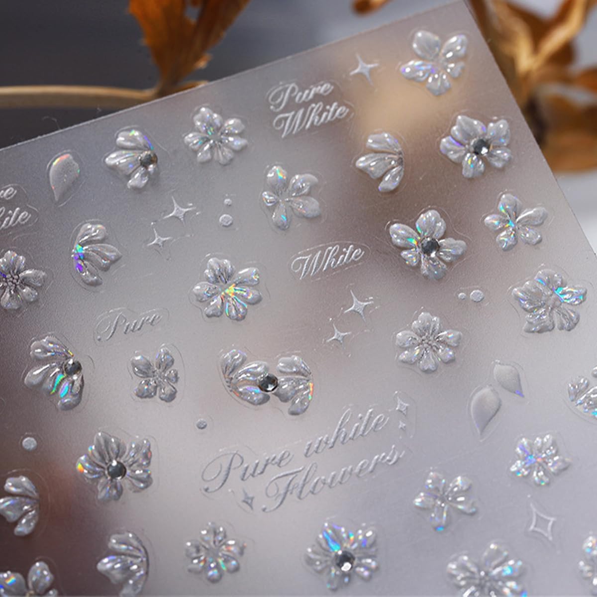 White Flower Nail Art Stickers - 5D Embossed Decals, Self-Adhesive Rhinestone Nails - Spring Flower Theme