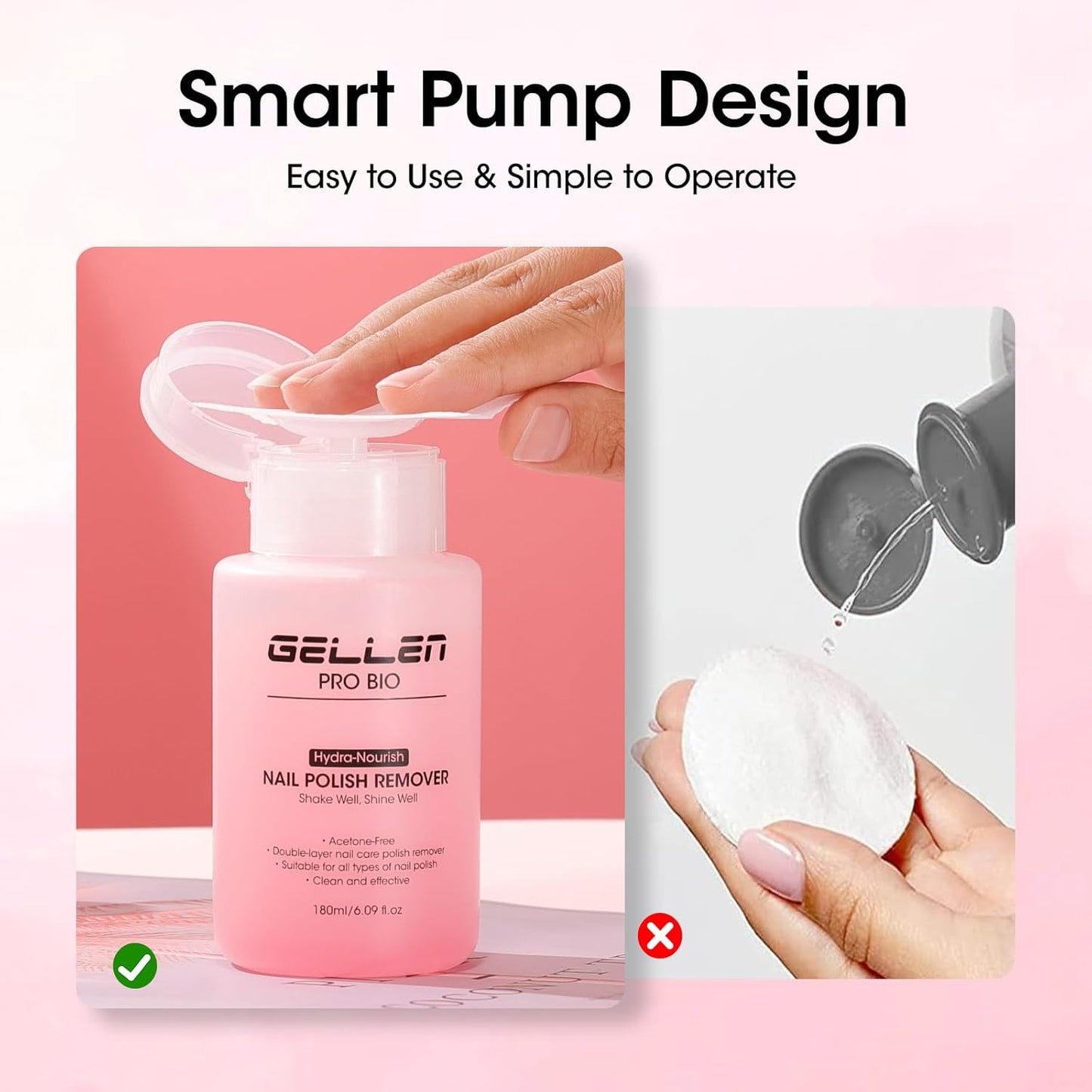 Gellen Nail Polish Remover, Non Acetone Rose Scent Nail Polish Remover, Dual-phase Hydrating Fingernail Polish Removal, Healthy Nourishing Nail Removal with Pump, Contains Vitamin E, 6.09 Fl Oz