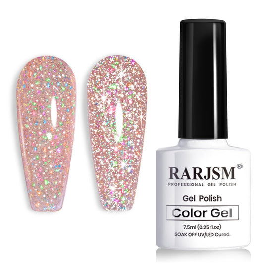 RARJSM Reflective Glitter Gel Polish Rose Gold Disco Shimmer Sparkling Glitter Iridescent Sparkly Shiny Gel Polish Holographic Gelpolish Soak off U V/L E D Nail Art Varnish for Salon DIY at Home
