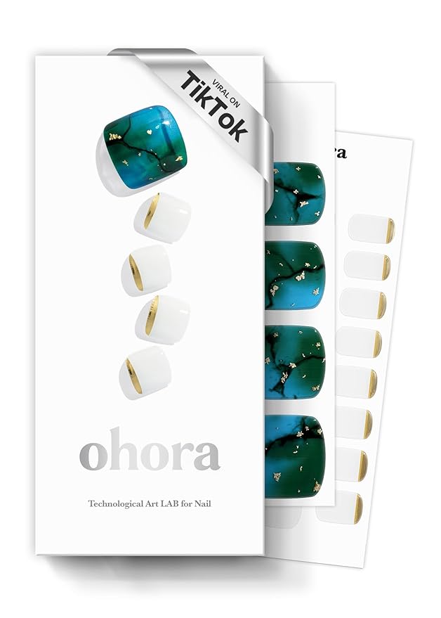 ohora Semi Cured Gel Pedi Strips (P Tide Pool) - Blue/White Works with Any UV/LED Lamps, Salon-Quality, Long Lasting, Easy to Apply & Remove - Includes 2 Prep Pads, Nail File & Wooden Stick