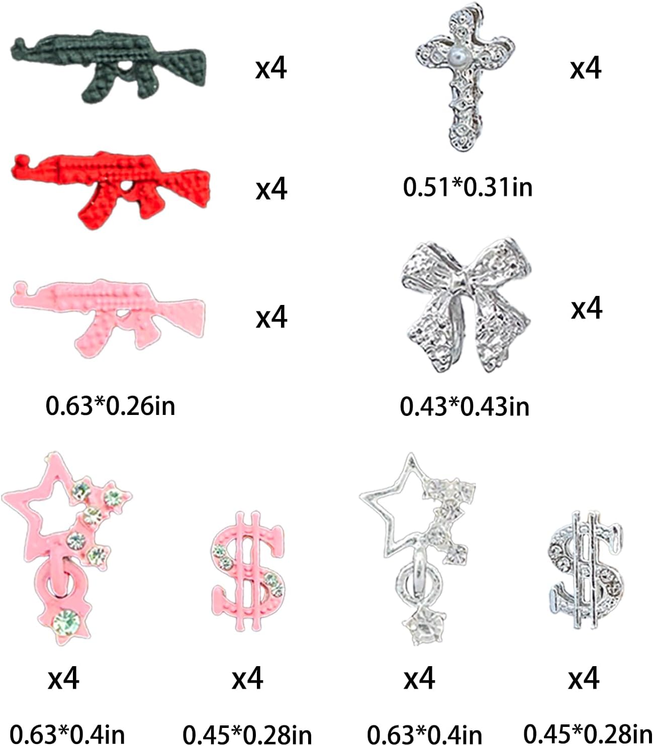 124PCS Nail Charms for Acrylic Nails - Silver Jewels Cat Bow Planet Gun Dollar Sign Star Cross Resin Flower Candy Accessories for Art Supplies Manicure Craft DIY