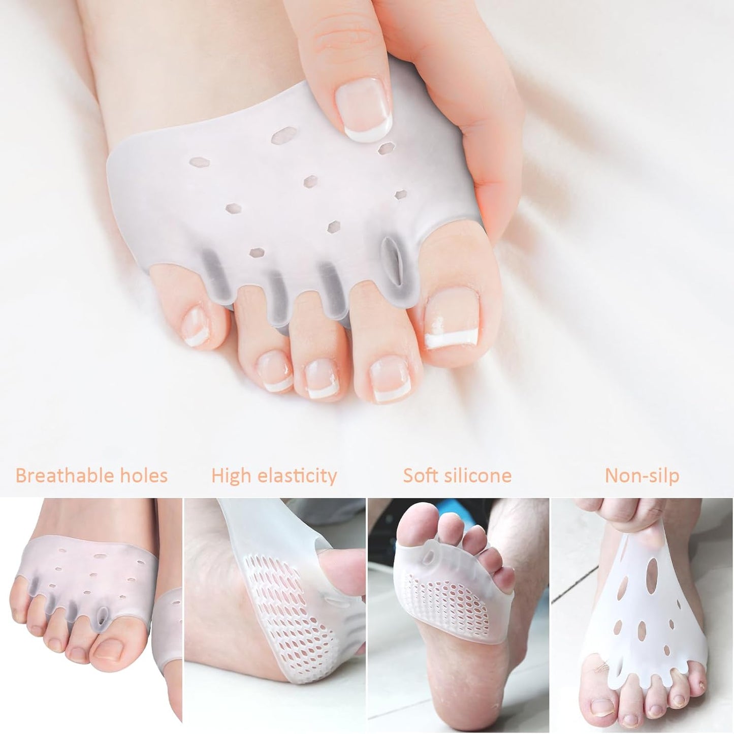 4 Pairs Silicone Toe Separators, Metatarsal Pads, Gel Toe Separators, Ball of Foot Cushions, Toe Separators for Overlapping Toes to Foot Pressure Relief (White Blue Clear Skin-color)