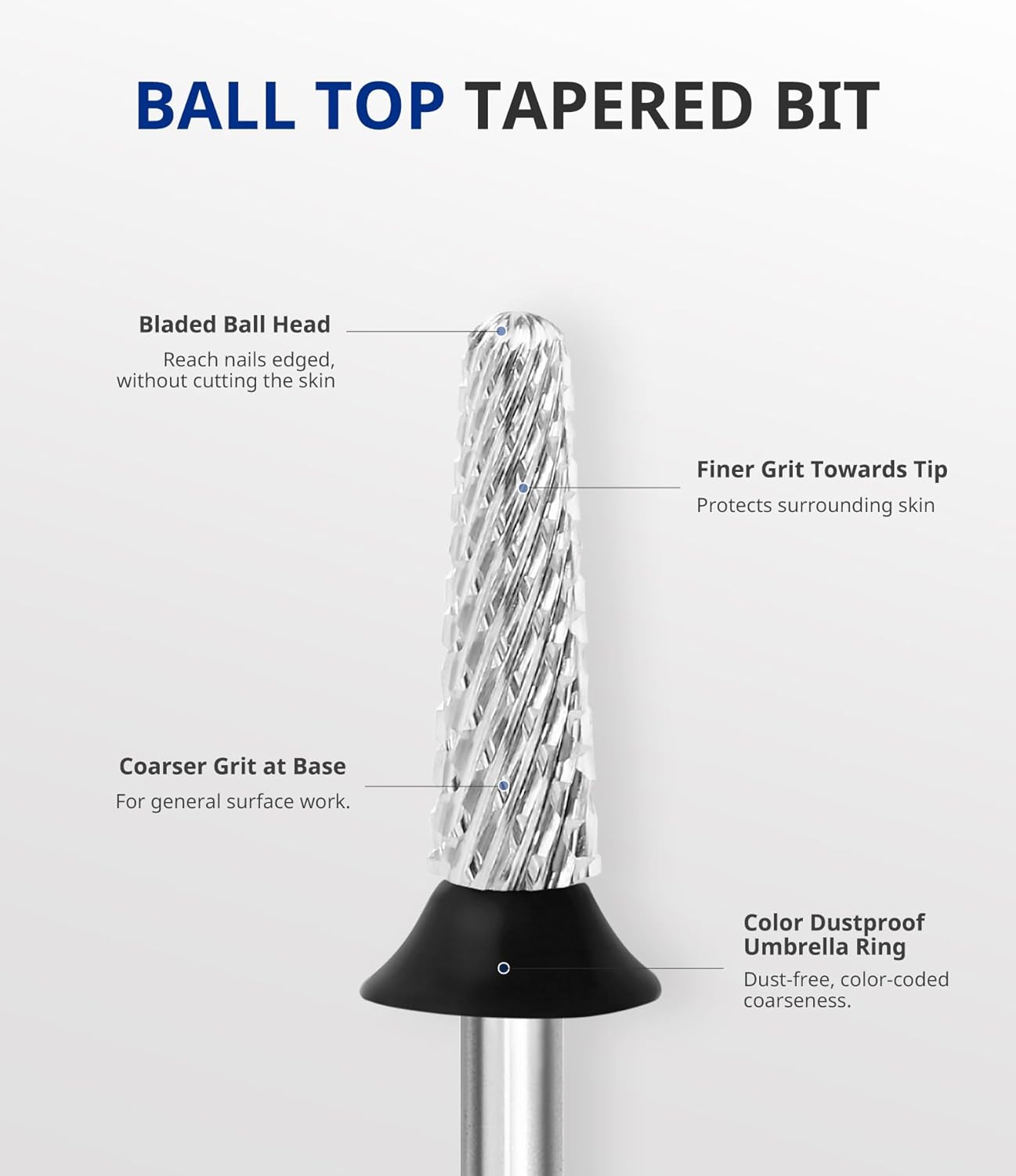 AIRSEE Tungsten Carbide Acrylic Nail Drill Bit Efile Electric File Machine Head Tip for Manicure Polishing Art Remove Gel 3/32" 2 Way Safety Use Ball Top Tapered Bit Cone Shape Extra Coarse-XC