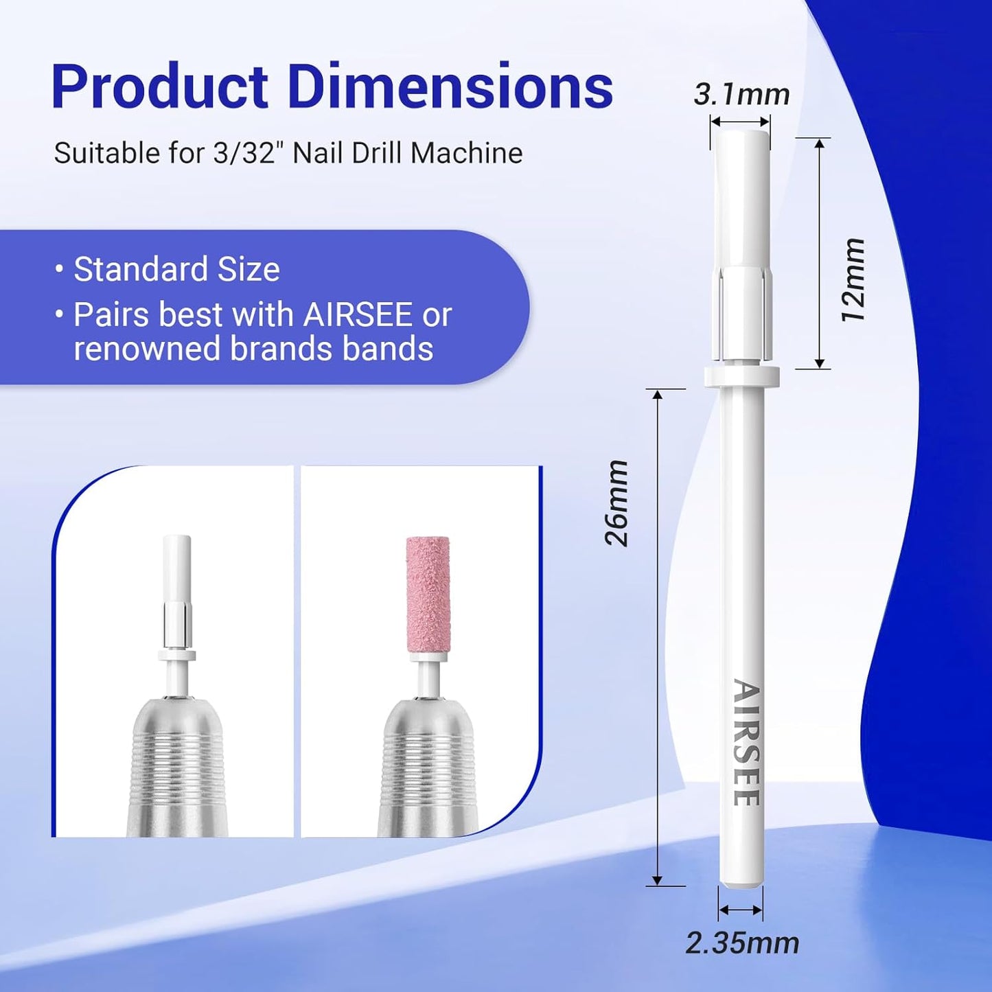 AIRSEE 3.1mm Small Nail Drill Mandrel Bits for Mini Efile Sanding Bands, Stainless Steel Professional Electric Head Clean Remove Cuticle Removing, Acrylic Manicure Sander Safety (White)