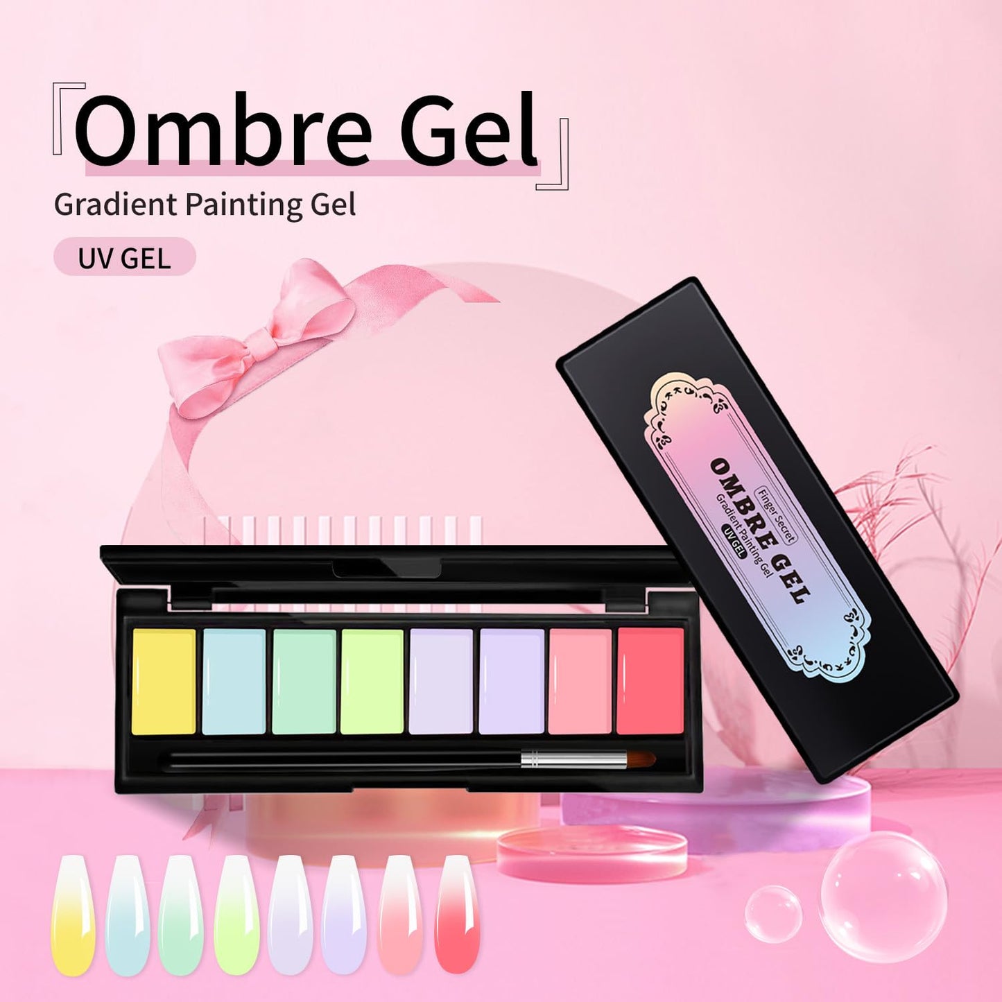 Finger Secret 8 Colors Ombre Gel Pat Nail Polish Set,Ombre Pigment for Nails,Gradient Painting Gel with 50Pcs Nail Sponges for 3D Gels Nail Art can be Painted in Salon or Home Use
