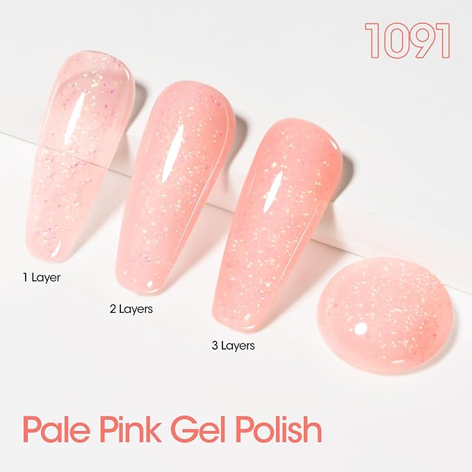 Gellen Natural Pink Gel Nail Polish, 18ml 1091 Glitter Pink Nail Gel Polish U V Light Cure Soak Off Gel for Spring Summer Daily Use at Home Manicure