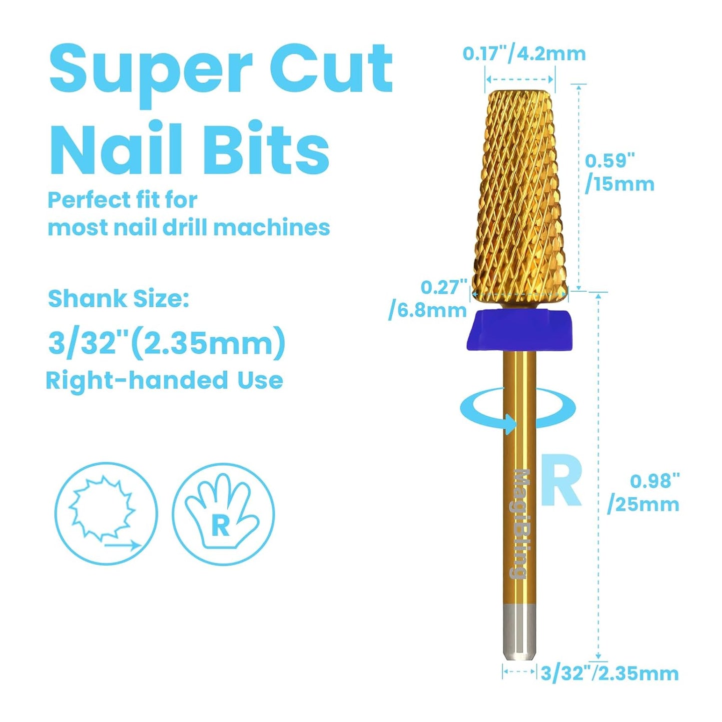 Super Cut Tapered Barrel Nail Drill Bits, 3/32'' Professional Tungsten Carbide Bits, Remove Hard Gel Fast, Right Hand, Suitable for Long Acrylic Nails Gel Polishing, Medium.
