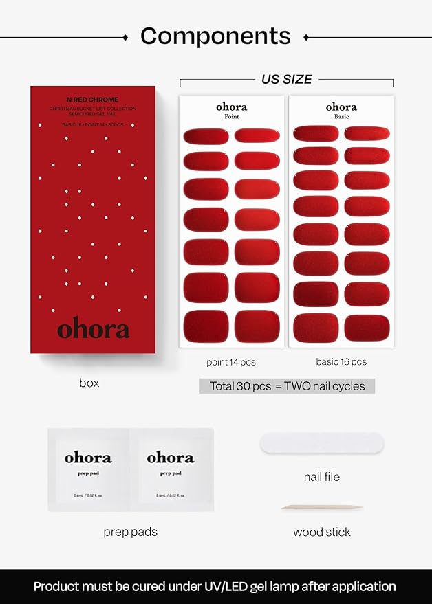 ohora Semi Cured Gel Nail Strips (N Red Chrome) - Red, Chrome, Works with Any UV/LED Lamps, Salon-Quality, Long Lasting, Easy to Apply & Remove - Includes 2 Prep Pads, Nail File & Wooden Stick