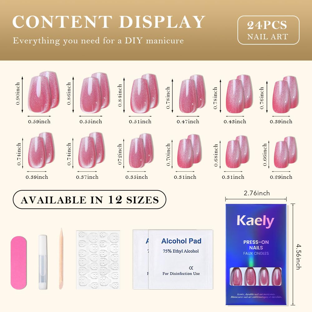 evpct Rose Pink Cat Eye Coffin Press on Nails Square Medium, Medium Square Glue on Nail for Women, Rose Pink Metallic Glitter Glossy Reusable Summer Soft Gel Press on Acrylic Fake Nail with Designs