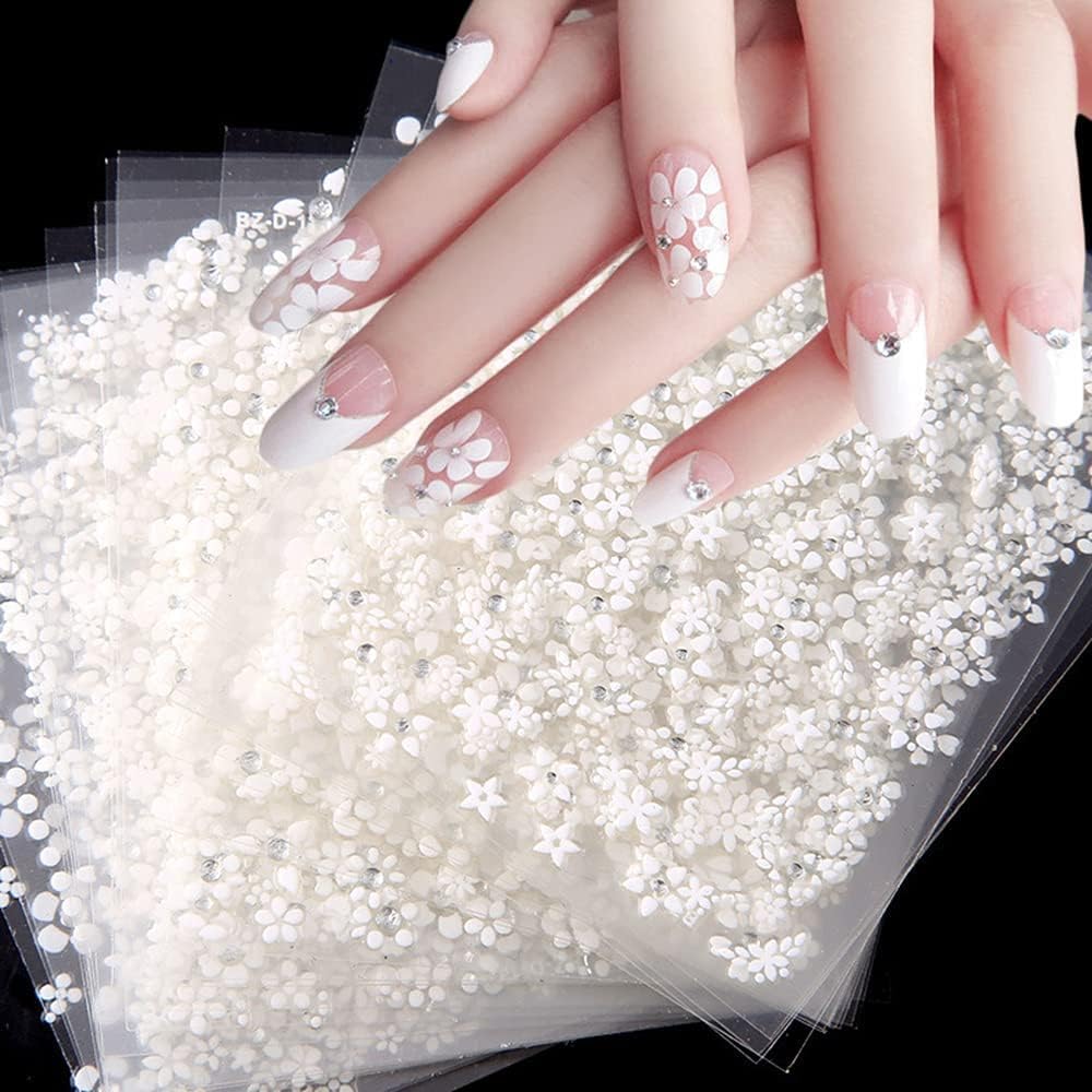 Flowers Nail Art Stickers 3D Self Adhesive Nail Art Supplies White Flower Stickers with Rhinestones Nail Design Floral Blossom Nail Decals for Nails Decorations Manicure Accessories 30Sheets