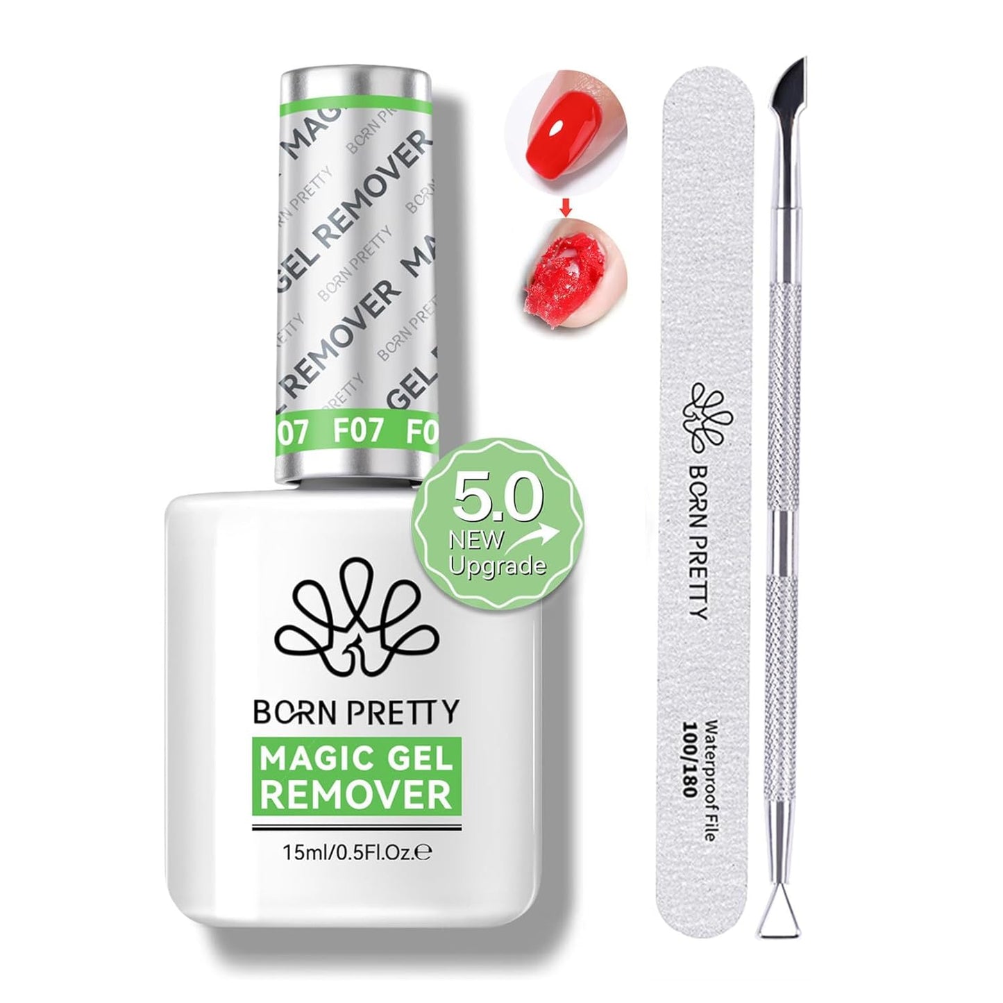 BORN PRETTY Gel Nail Polish Remover, Gel Polish Remover for Nails with Cuticle Pusher and Nail File, 2-5 Minutes Easily & Quickly Remove Gel, No Need Soak Or Wrap