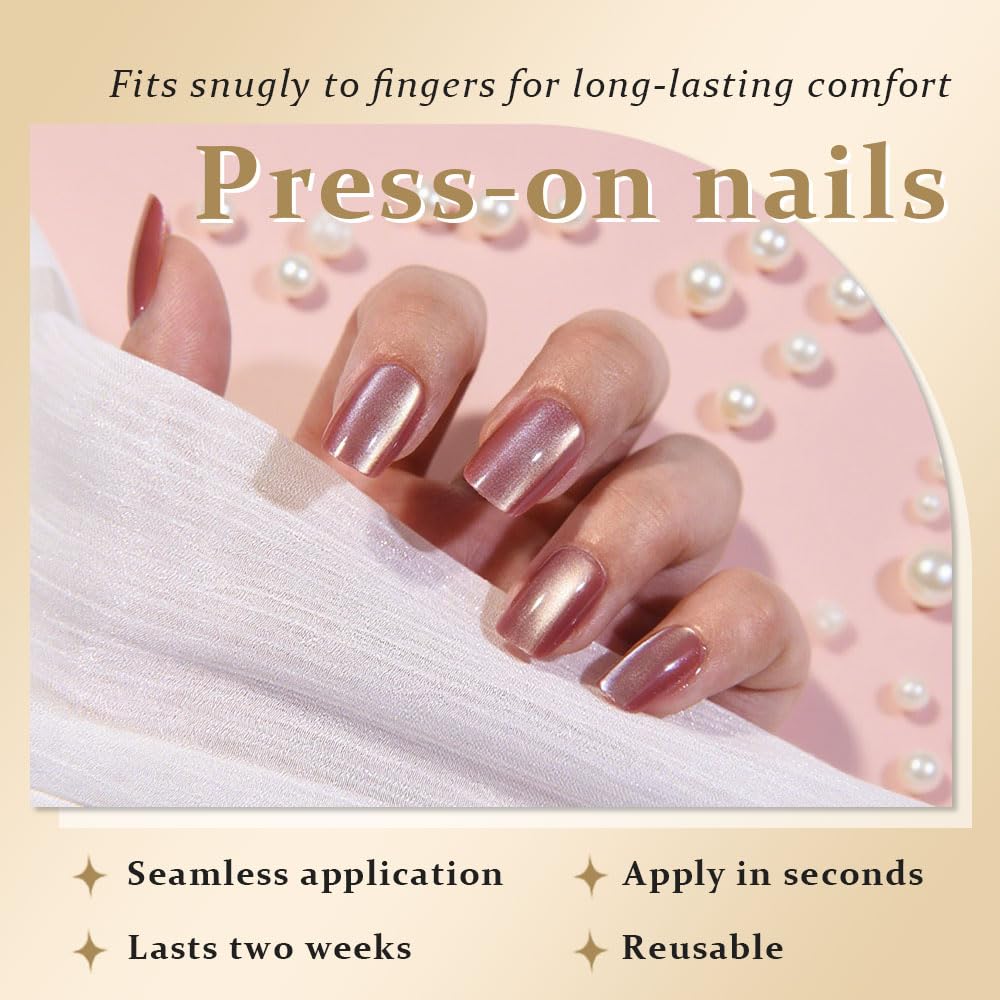 evpct Pale Mauve Cat Eye Short Press on Nails Square, Glue on Nails Short Square for Women Gift, Mauve Metallic Glitter Glossy nails press ons, Reusable Stick Press on Acrylic Fake Nail with Designs
