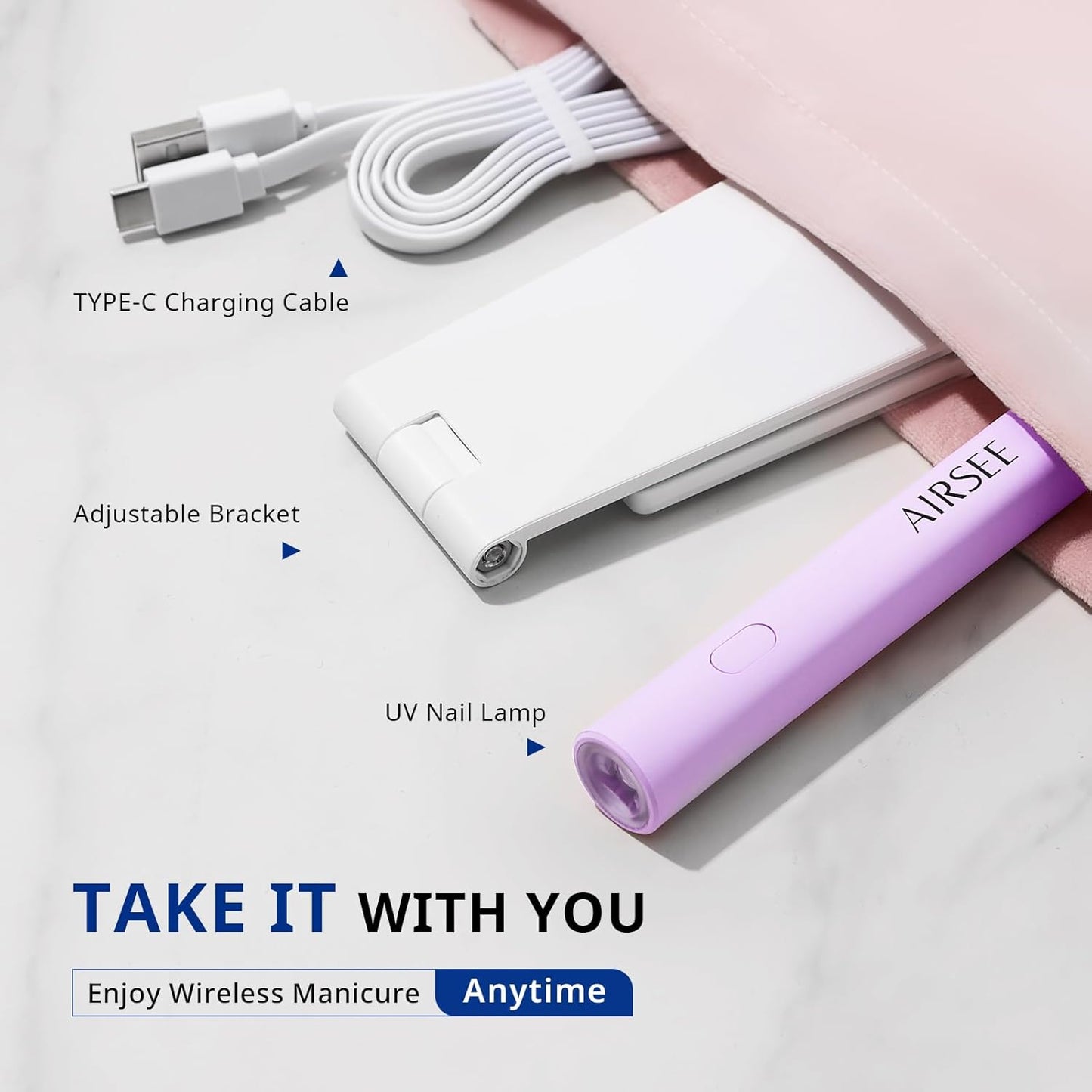 AIRSEE Mini Handheld UV Light with Stand,Portable Rechargeable Nail Lamps,2 Timers for Fast Nail Extension,Rhinestone Glue Decoration,Gel Strips at Home,Travel(Purple)