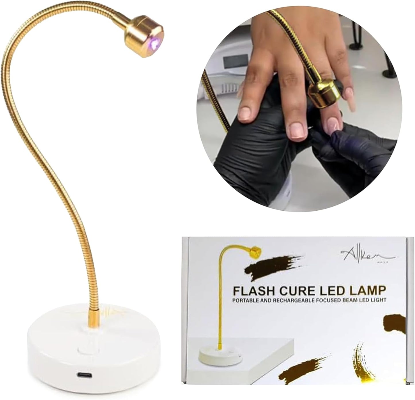 ALLKEM Flash Cure UV Light - Gooseneck Led Nail Lamp for Gel Polish - Professional & Home Use Nail Light & Dryer - Wireless, Cordless & Rechargeable Curing Lamp (3W - Gold)