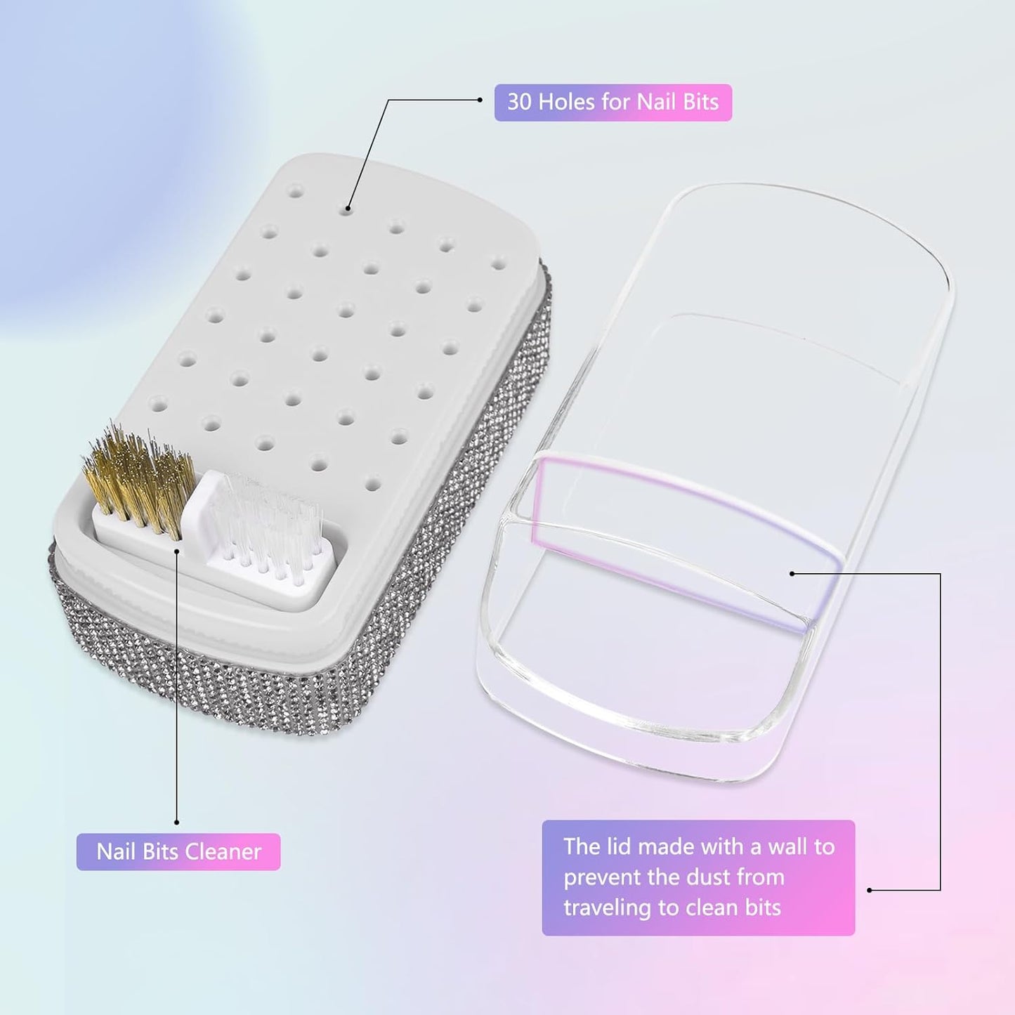 2 in 1 Nail Drill Bits Holder: 30 Holes Nail Bits Organizer Case with Cleaner Brush, Dustproof Efile Nail Tech Bits Storage Container Box Manicure Tools Accessories Display for Salon Home(Only Box)