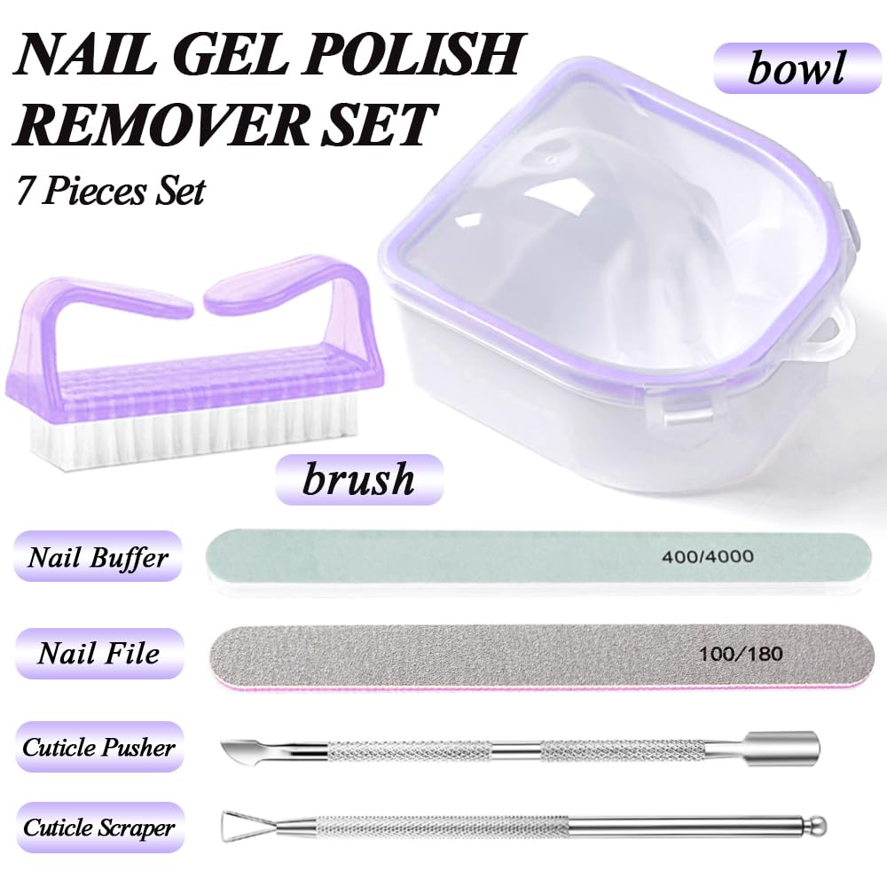 Nail Soaking Bowl, Gel Nail Polish Remover Kit, Manicure Bowl for Hand, Dip Powder Remover Tools, Nail Soak Off Bowl for Acrylic Nails, Nail Brush, Cuticle Pusher, Cuticle Peeler, 100/180 Nail File,