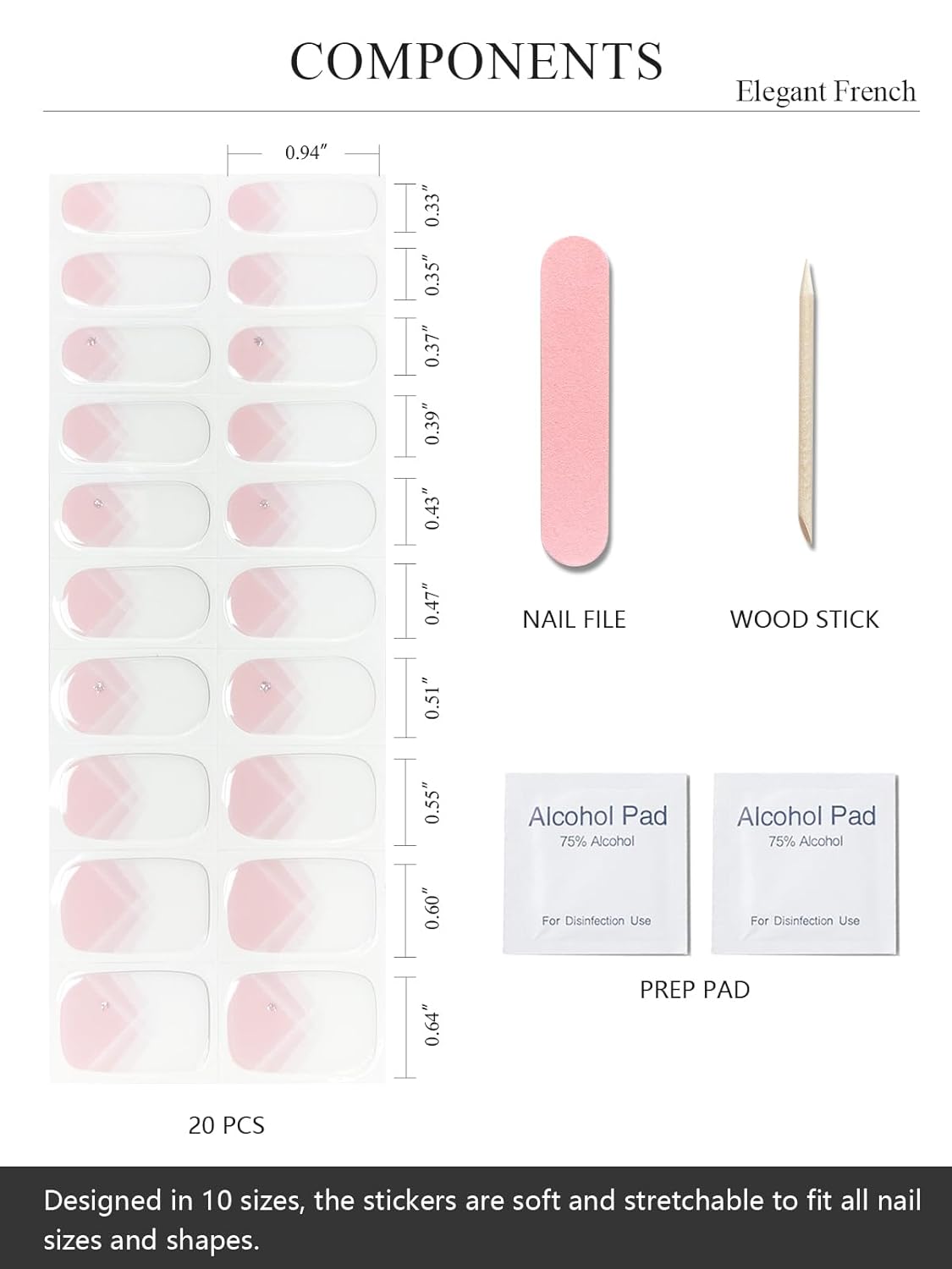 Semi Cured Gel Nail Strips (Elegant French), White French Tip, 20 Pcs Gel Nail Wraps, Stickers, UV Light Required, Salon Quality, Long Lasting