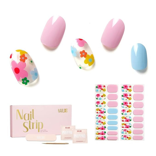 Semi Cured Gel Nail Strips - NAILOG 34 Pcs Floral Gel Nail Stickers Clear Extra Long Nail Wraps with Glossy Gel Finishing for Spring Summer, Petal Dance