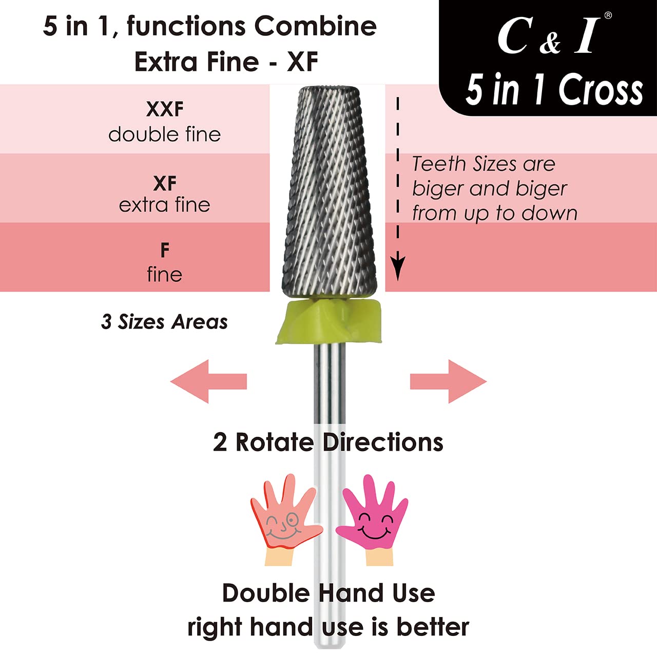 C & I 5 in 1 Multi-Function Tapered Shape Nail Drill, Cross Teeth Edition, Professional Drill Bit for Nail Manicure Machine (Extra Fine - XF)