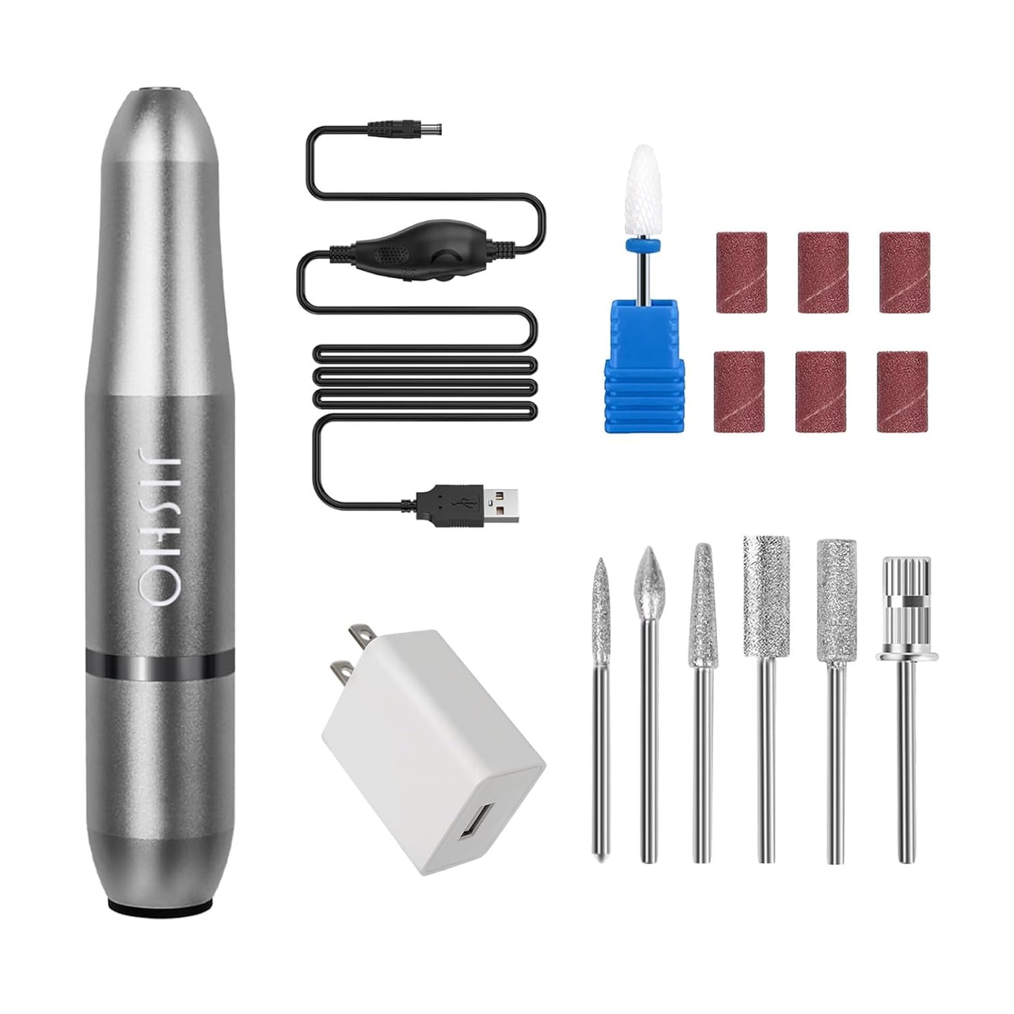 JISHO Nail Drill, Electric Nail Drill Machine for Acrylic Nails, Portable Corded Nail File with Ceramic Bits, Adjustable 25000 RPM, Ideal for Beginners and Professionals (Gray)