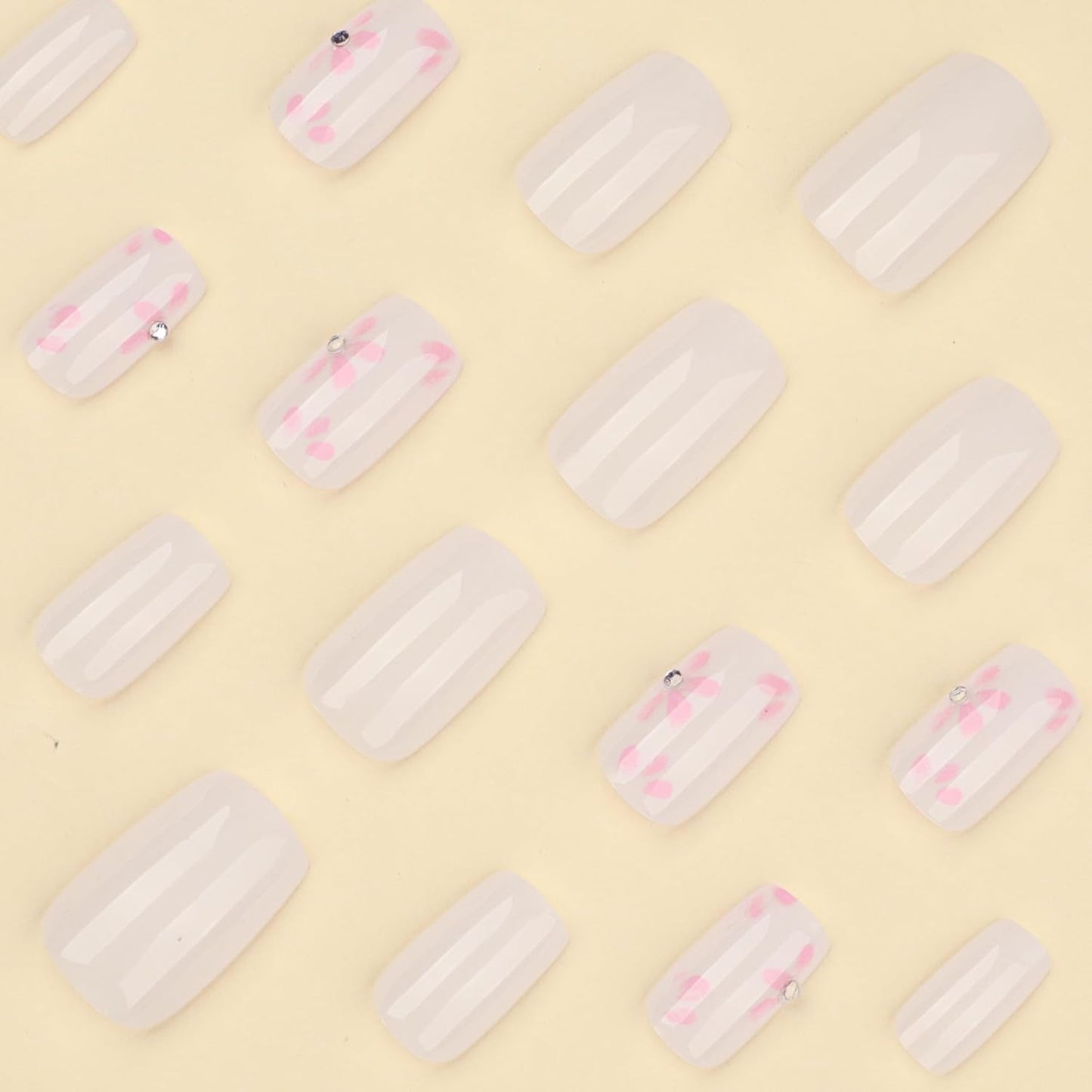 Nude Press On Nails Medium Square, Pink Flower Fake Nails with 3D Floral Design, Glossy Finish Reusable Acrylic Nails, Natural Glue On Nails Kit for Women, 24Pcs