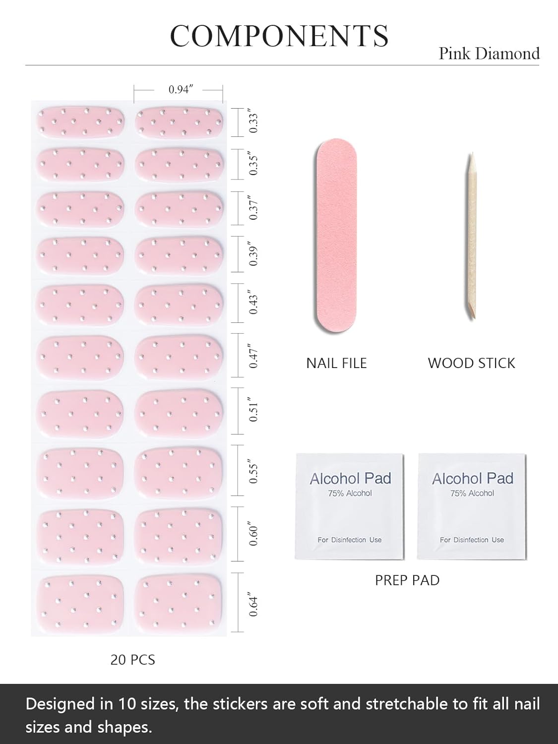 Semi Cured Gel Nail Strips (Pink Diamond), 20 Pcs Gel Nail Wraps, Stickers, UV Light Required, Salon Quality, Long Lasting