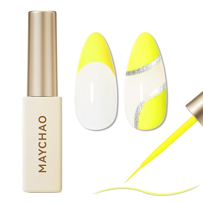 MAYCHAO Neon Yellow Swirl Gel Liner Nail Art Polish, 8ml Spring Summer Bright Yellow Gel Color Built-in Thin Brush, UV Light Cure for French Nail Tips DIY Manicure at Home Salon