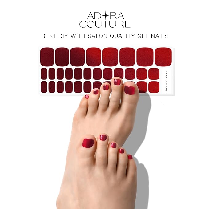 Semi Cured Gel Nail Strips - 32 pcs Gel Pedicure Stickers, Easy to Apply & Remove Toenail Stickers, Salon Quality at Home & Long Lasting - UV Nail Lamp Required - Red Wine P