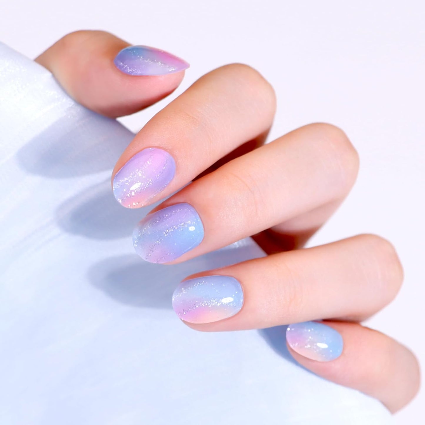 Semi Cured Gel Nail Strips-Whimsical Cloud Nail Art Press ons Multi-Color Cloud Design with Holographic Shimmer, Semi Cured Gel Nail Strips, Medium Coffin Shape(Celestial Canvas)