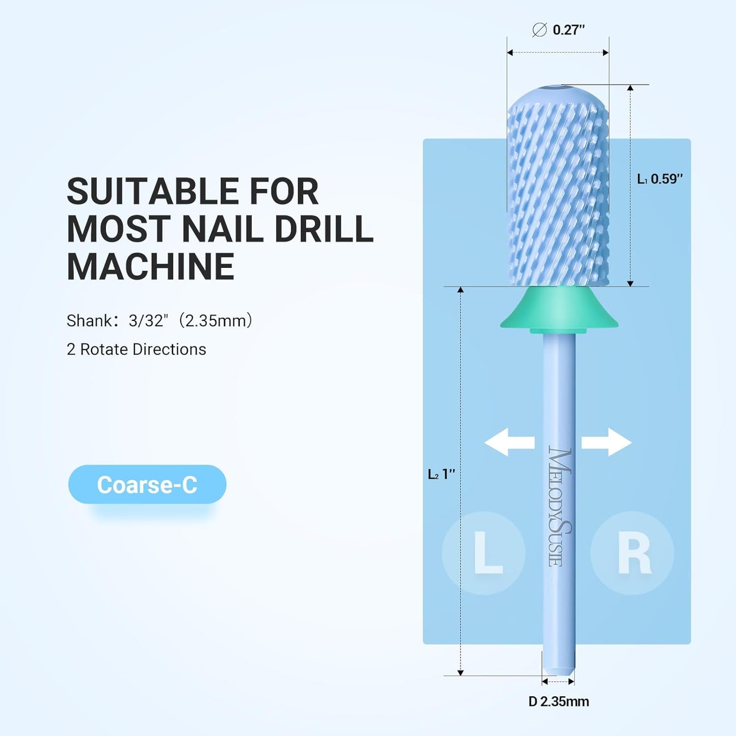MelodySusie Safety Nail Drill Bits, 3/32'' Smooth Round Top Large Barrel Carbide Bits, Suitable for Manicure Pedicure Cuticle Gel Polishing, Beginners Bits, Light Blue, Series Bit-S, C