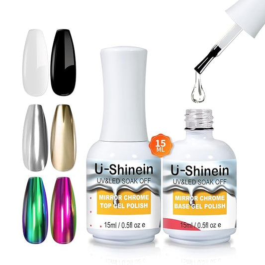 15ml Top Coat and Base Coat Set for Metallic Mirror Painting Gel, No Wipe Clear Top and Base Coat for Nail Polish, Chrome Nail Powder