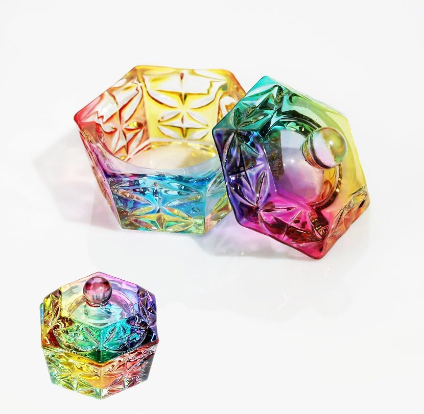A Set of Multicolour Hexagonal Prism Crystal Glass Dish with Lid,Hexagonal Prism Crystal Cup Acrylic Liquids Powder Glass Dish With Lid Crystal Bowl For Salon and Home,Nail Art and Polish