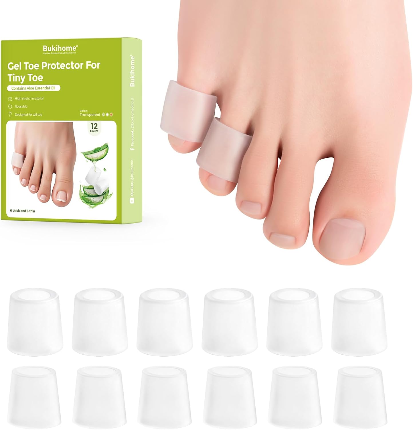 Bukihome Silicone Toe Protectors – Silicone Open Pinky Toe Sleeves for Hammer Toes, Corns, Calluses, Blisters – Soft Gel Protector Toe Cushions for Pain Relief - 12 Count (6 Thick +6 Thin)
