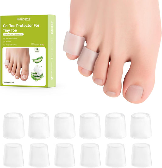 Bukihome Silicone Toe Protectors – Silicone Open Pinky Toe Sleeves for Hammer Toes, Corns, Calluses, Blisters – Soft Gel Protector Toe Cushions for Pain Relief - 12 Count (6 Thick +6 Thin)