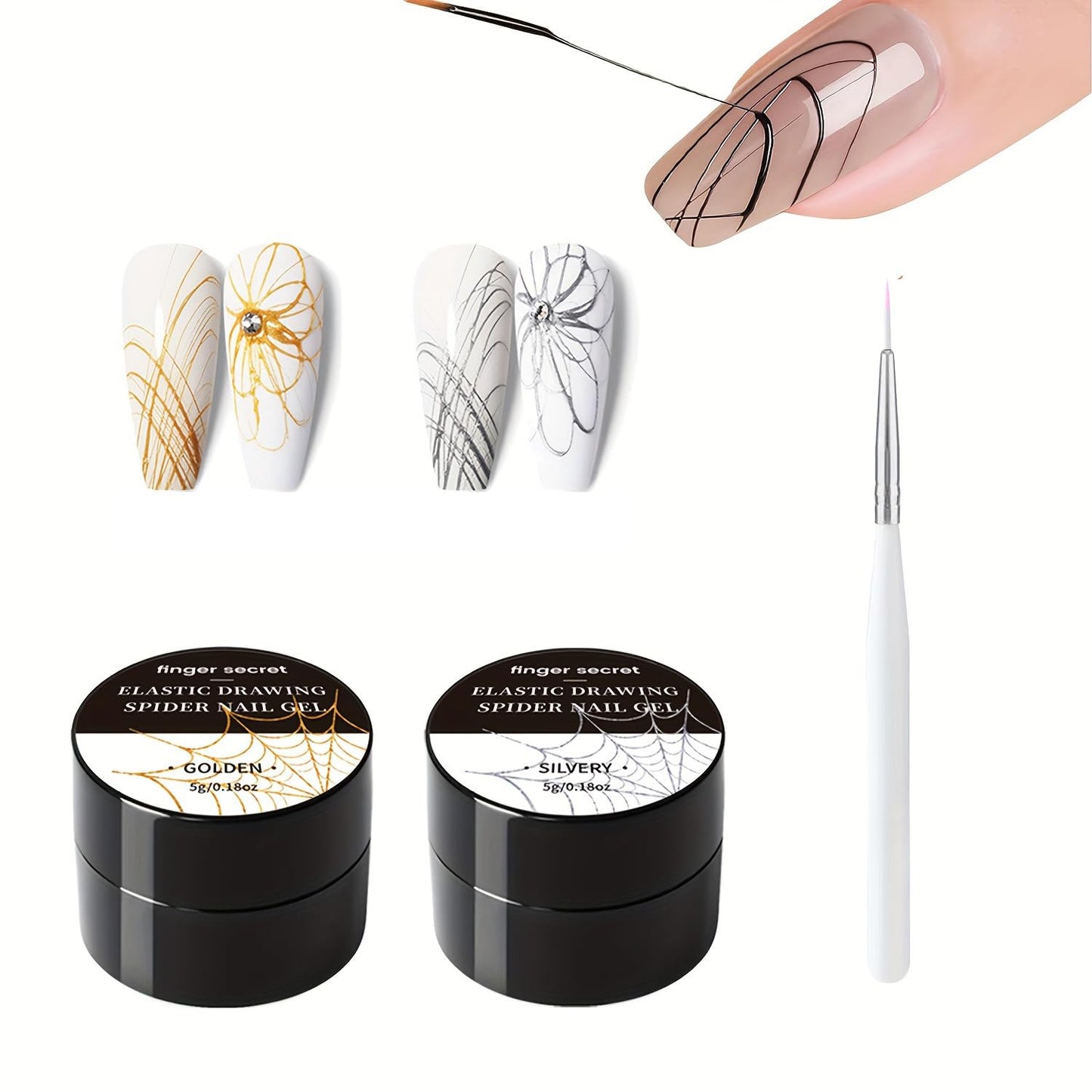 5g/0.18oz Spider Gel Kit for Nails, Spider GelS for Nail Art Wire Drawing NailS Gel for Line with Brushes for Nail Art (Golden Silvery)