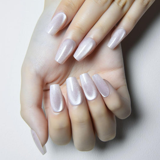 evpct Pearl White Nude Cat Eye Coffin Press on Nails Square Medium, Glue on Nail Medium Square for Women Gift, Pearl Metallic Glitter Glossy Reusable Soft Gel Press on Acrylic Fake Nail with Designs