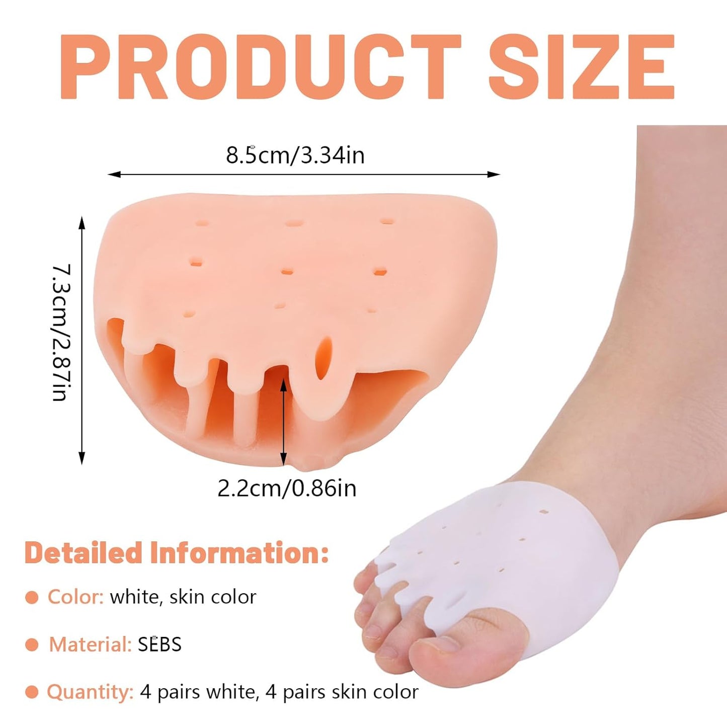 8 Pairs Silicone Toe Separators for Women Pedicure, Breathable Toe Spacers Cushions, Bunion Corrector for Women Metatarsal Overlapping Pads Relieve Foot Gel (White & Skin Color)