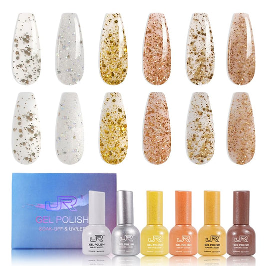 JR 6Pcs Colorful Collection Gel Nail Polish Sparkly Shiny Soak Off White Silver Brown Gel Polish Nail Art Salon Design for Women (137P, 15ml)