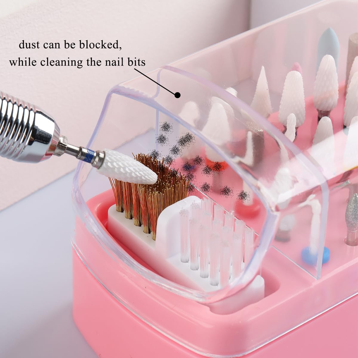 2 in 1 Pink Nail Drill Bit Holder and Nail Drill Bits Cleaner Brush Case, 30 Holes Dust-proof Nail Bit Holder Organizer Display Storage Box, Nail Bit Cleaning Case Manicure Container Tool