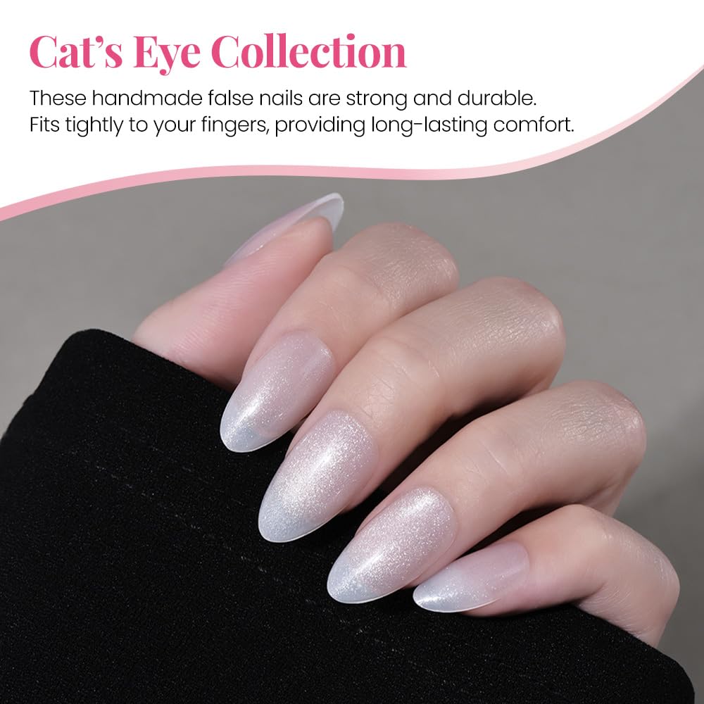 evpct Cat Eye Press on Nails Almond Short, Cat Eye Stick on Nails Press on, Pearl White Glitter Short Almond Press Glue on Nails, Fake Nails Press ons with glue, 30Pcs Reusable Acrylic Fake Nails Kit